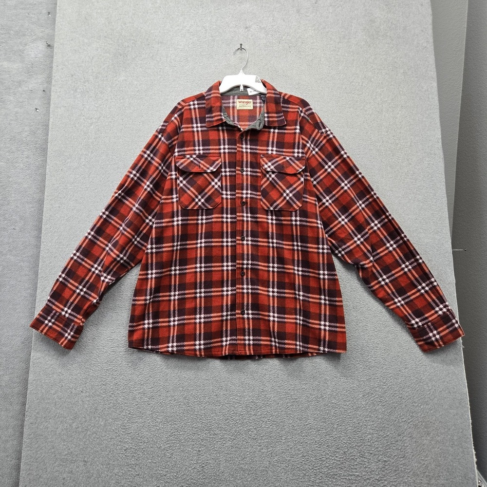 Wrangler Men Button Up Shirt 2XL Red Flannel Shirt Plaid Fleece Western Grunge